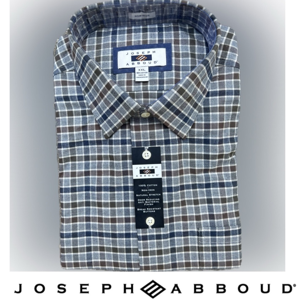 NEW Joseph Abboud Non-Iron Cotton Blue/Brown/Grey Plaid Button Up Shirt Size XXL